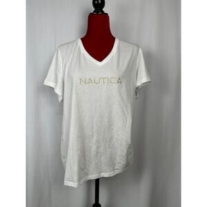 Nautica Women's 2XL White V neck T Shirt with gold raised logo NWOT